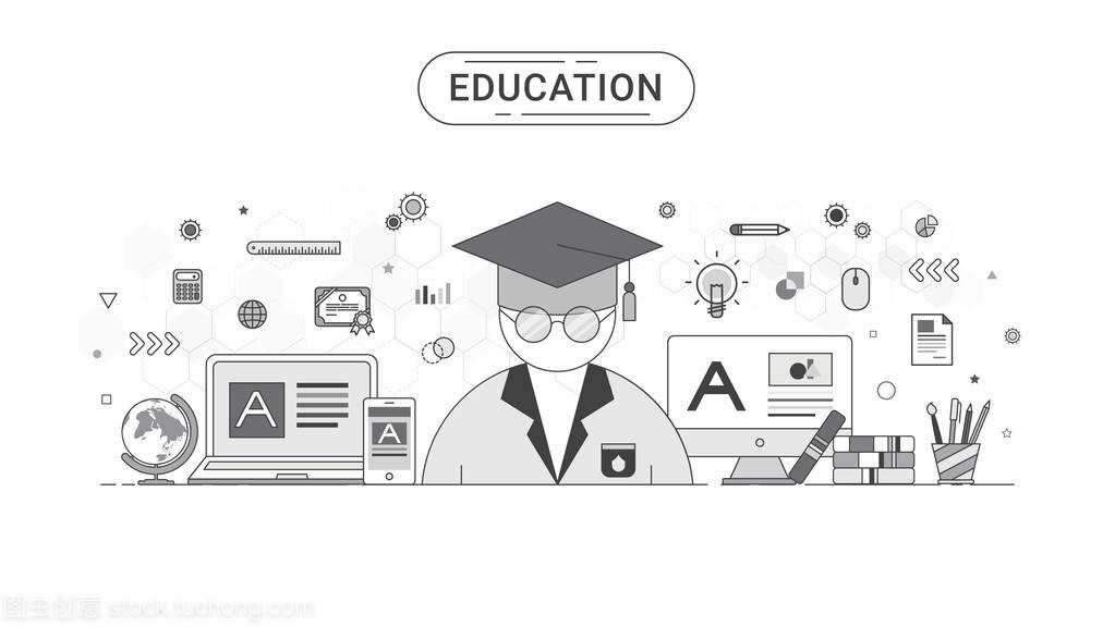 教育信息圖表概念。學生和教育圖標平線條樣式創建的矢量